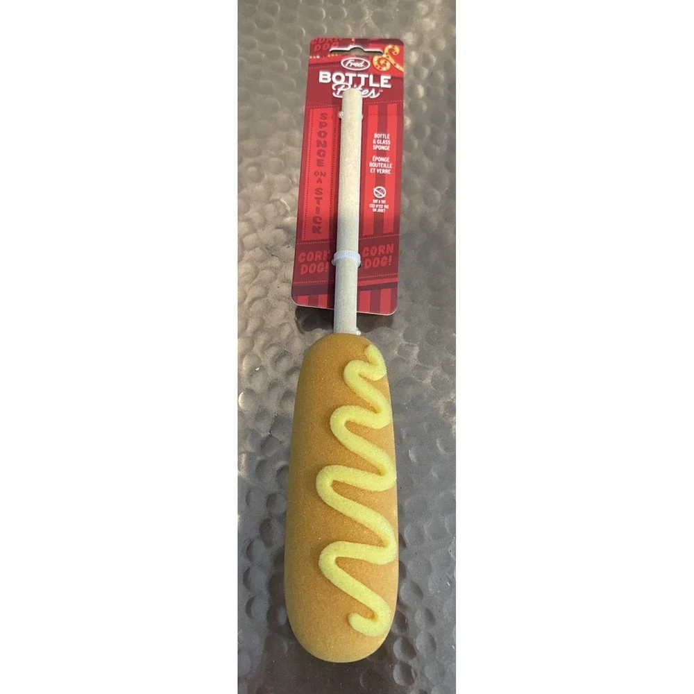 Fred Bottle Bites Corn Dog Shaped Bottle Brush Long Wood Handle Sponge Brown